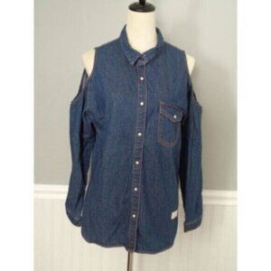 GUESS women's small denim snap front cold shoulder long sleeve